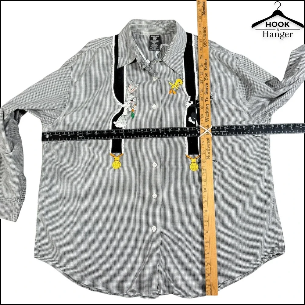 Vintage Warner Bros Looney Tunes Shirt XL Black White Gingham 90s Faux Suspender - Picture 13 of 13